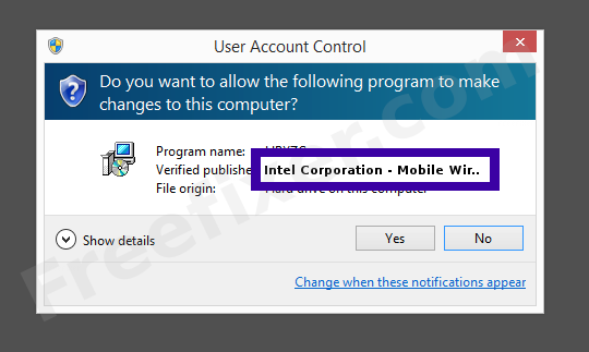 Screenshot where Intel Corporation - Mobile Wireless Group appears as the verified publisher in the UAC dialog